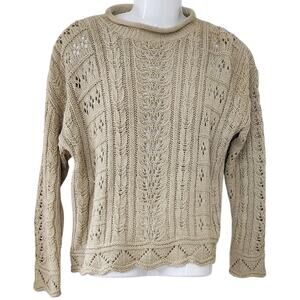 Vtg Lord and Taylor Beige Open Cable Knit Sweater Womens Size Med 80's 90's Boho